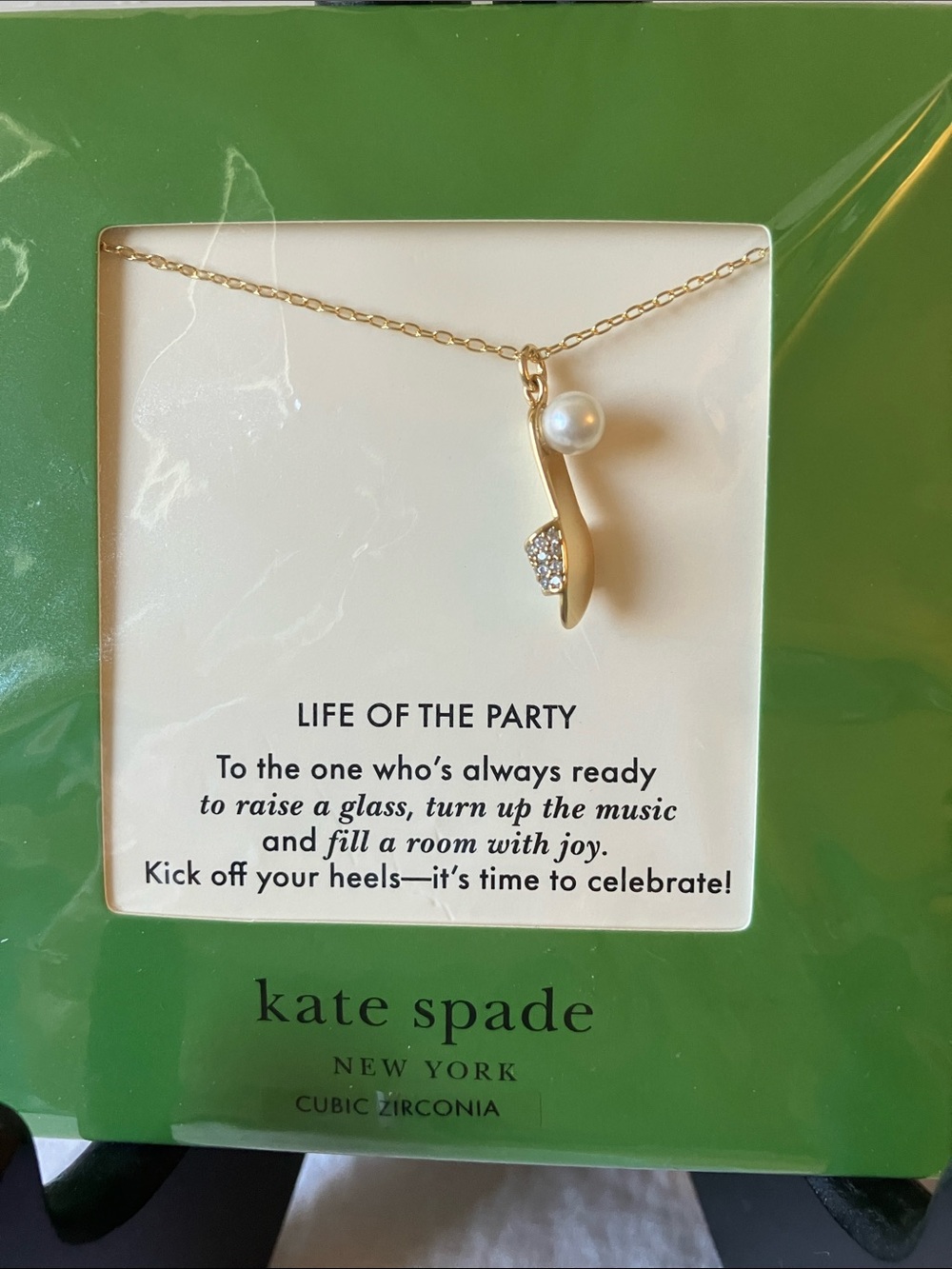 kate spade: Gold-Tone “Gifting” High Heel Pendant Necklace with Pearl- Dust Bag